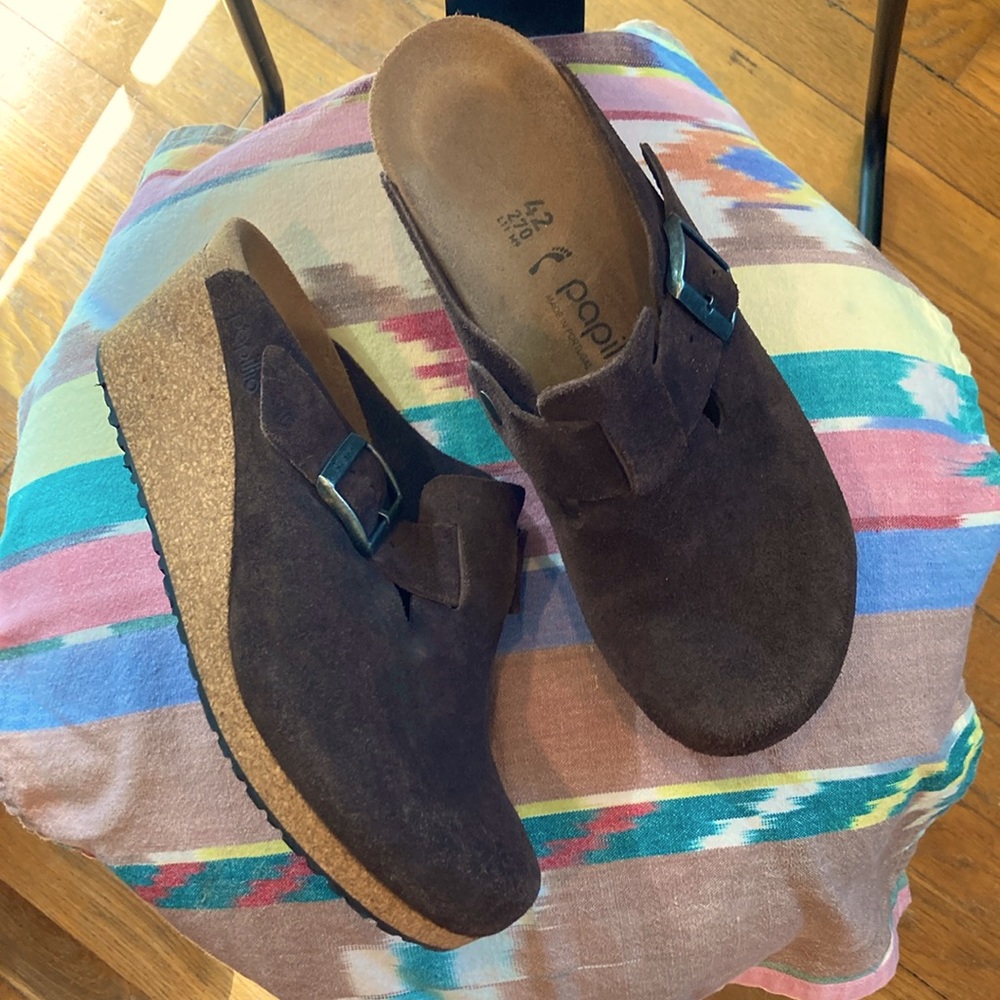 Papillio by Birkenstock Square Buckle Wedge Clogs, Brown Suede, women’s size 11